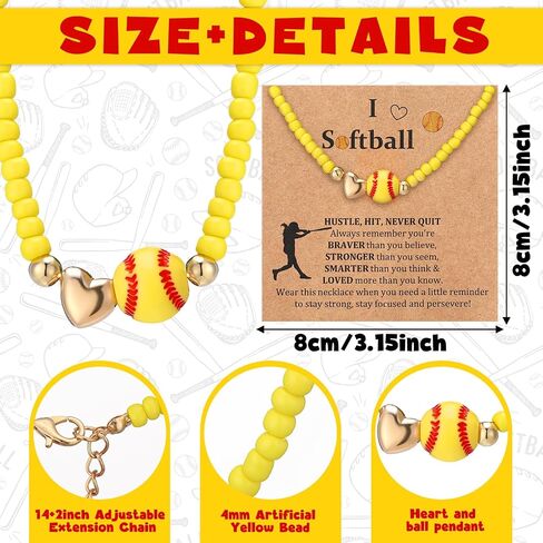 Tondiamo 12 Sets Softball Beaded Necklace Team Gifts for Softball Lovers Inspirational Jewelry Pendant Sport Necklace with Card and Opp Bags Team Chain Gifts for Sports Player Party Favors in Kuwait