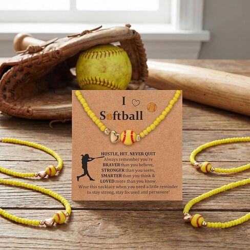 Tondiamo 12 Sets Softball Beaded Necklace Team Gifts for Softball Lovers Inspirational Jewelry Pendant Sport Necklace with Card and Opp Bags Team Chain Gifts for Sports Player Party Favors in Kuwait