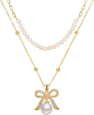 Lovans 14K Gold Plated Pearl Necklace for Women, Non Tarnish Hypoallergenic Layered Necklaces Bow Pendant, Double Stack 18"+2" Extender, Wedding Gifts for Bride Bridesmaid Mom (Gold/White Gold) in Saudi Arabia