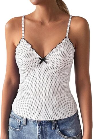 Women's Polka Dot Cami Y2k Lace Trim V Neck Spaghetti Strap Cute Bow Camisole Trendy Going Out Tank Top in Saudi Arabia