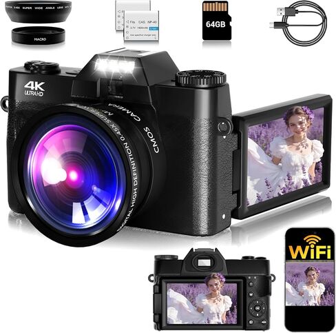 4K Digital Camera for Photography Autofocus 75MP 16X Digital Zoom with 3'' 180° Flip Screen Vlogging YouTube Video Students Compact Cameras with 2 Batteries 64GB Micro SD Card(DeepGreen) in Kuwait