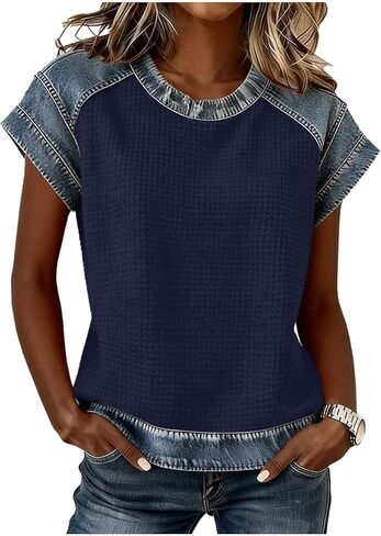 Denim Printed Patchwork Shirt Women Waffle Top Short Sleeve Crewneck Shirts Vintage Faux Jean Tops Color Block Top in Saudi Arabia