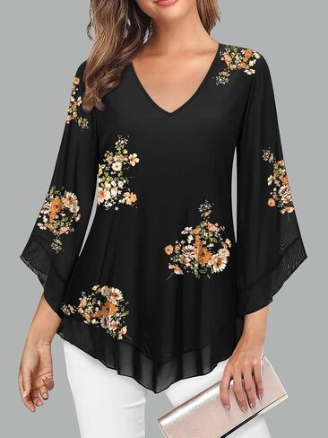 Womens Dressy Blouse V Neck Double Layers Elastic Mesh Casual Flowy Work Shirts Ruffle 3/4 Flared Sleeve Tunic Tops S-XXL in Kuwait