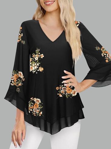 Womens Dressy Blouse V Neck Double Layers Elastic Mesh Casual Flowy Work Shirts Ruffle 3/4 Flared Sleeve Tunic Tops S-XXL in Kuwait