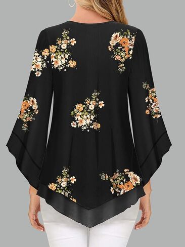Womens Dressy Blouse V Neck Double Layers Elastic Mesh Casual Flowy Work Shirts Ruffle 3/4 Flared Sleeve Tunic Tops S-XXL in Kuwait