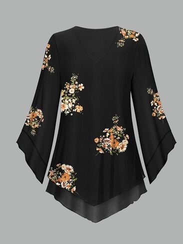Womens Dressy Blouse V Neck Double Layers Elastic Mesh Casual Flowy Work Shirts Ruffle 3/4 Flared Sleeve Tunic Tops S-XXL in Kuwait