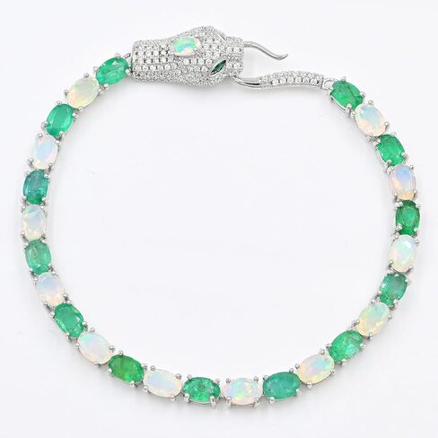 Natural Zambian Emerald & Ethiopian Opal Cobra Bracelet for Women | 6x4 mm Oval-Cut Emerald & Opal | 925 Sterling Silver Tennis Bracelet | 8.25 Carat Gemstone | Luxury Birthday Gift Jewelry in Saudi Arabia