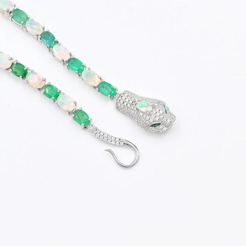 Natural Zambian Emerald & Ethiopian Opal Cobra Bracelet for Women | 6x4 mm Oval-Cut Emerald & Opal | 925 Sterling Silver Tennis Bracelet | 8.25 Carat Gemstone | Luxury Birthday Gift Jewelry in Saudi Arabia