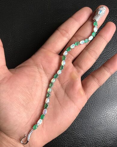 Natural Zambian Emerald & Ethiopian Opal Cobra Bracelet for Women | 6x4 mm Oval-Cut Emerald & Opal | 925 Sterling Silver Tennis Bracelet | 8.25 Carat Gemstone | Luxury Birthday Gift Jewelry in Saudi Arabia