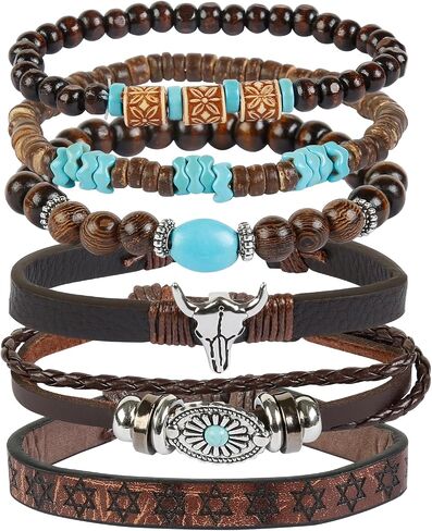 TEBIEKOY Western Bracelets for Women, Unisex Vintage Turquoise Bracelet for Men Bohemian Charm Stackable Jewelry Beaded Cow Western Outfits for Women in Saudi Arabia