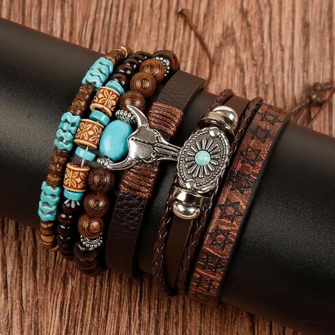 TEBIEKOY Western Bracelets for Women, Unisex Vintage Turquoise Bracelet for Men Bohemian Charm Stackable Jewelry Beaded Cow Western Outfits for Women in Saudi Arabia