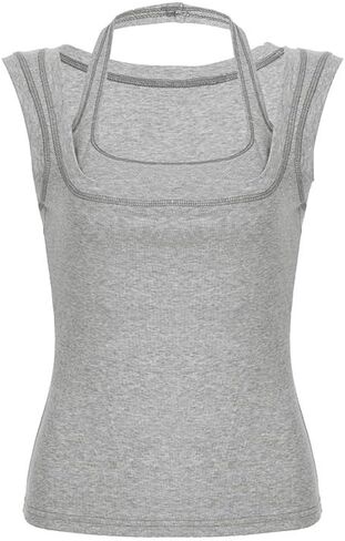 Women's Double Layer Square Neck Tank Top Patchwork Spliced Slim Fit Sexy Sporty Casual Sleeveless Blouse in Saudi Arabia