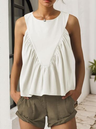 LIWEIKE Womens Peplum Babydoll Tank Top Crewneck Sleeveless Shirred Swing Tops Summer Loose Fit Ruffled Shirts in Saudi Arabia