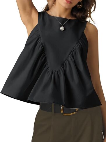 LIWEIKE Womens Peplum Babydoll Tank Top Crewneck Sleeveless Shirred Swing Tops Summer Loose Fit Ruffled Shirts in Saudi Arabia