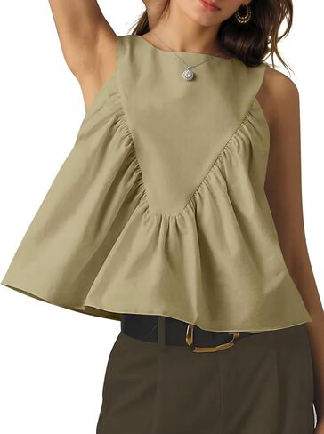 LIWEIKE Womens Peplum Babydoll Tank Top Crewneck Sleeveless Shirred Swing Tops Summer Loose Fit Ruffled Shirts in Saudi Arabia