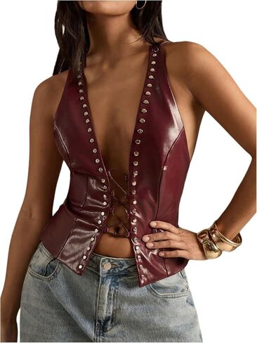 WDIRARA Women's PU Leather Halter Tops Y2k Lace Up Backless Studded Sleeveless Camisole Top in Kuwait