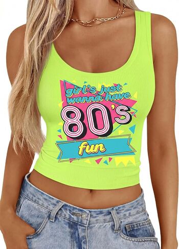 BANGELY 80s الزي للنساء 80s قطع علوية بدون أكمام للفتيات فقط أريد أن أحصل على 80s متعة تي شيرت النيون 80s موضوع الحفلات اقتصاص القمم in Kuwait