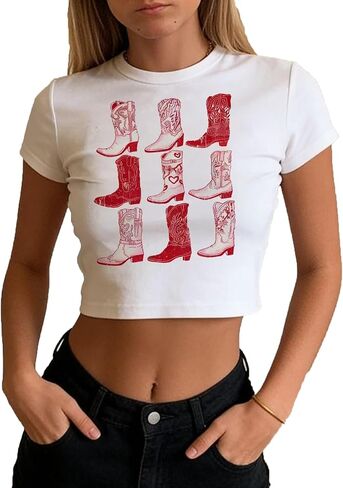 Western Style Shirt Women Cowboy Y2K Short Sleeve Country Music Crop Tops Rodeo Concert Cami Shirt in Kuwait