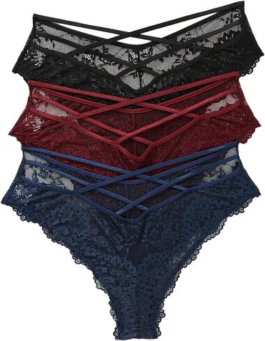 Verdusa Women's Plus Size 3 Pack Lace Crisscross Underwear Panties Strappy Sheer Brief Sets in Saudi Arabia