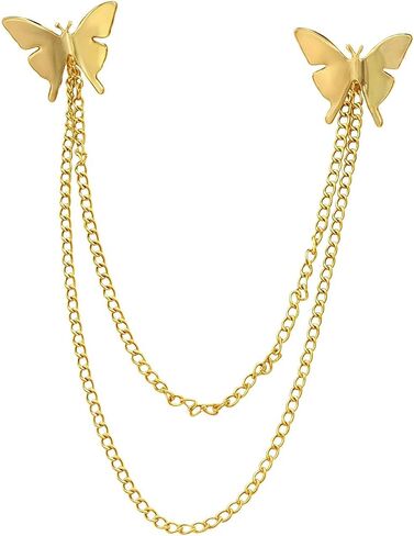 Butterfly Brooch, Gold-Hued Double Butterfly Chain Alloy Metal Fashionable Elegant Pin for Ladies Party Daily Wear in Saudi Arabia