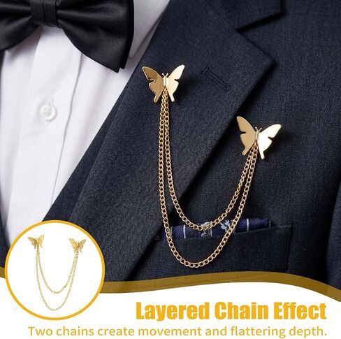 Butterfly Brooch, Gold-Hued Double Butterfly Chain Alloy Metal Fashionable Elegant Pin for Ladies Party Daily Wear in Saudi Arabia