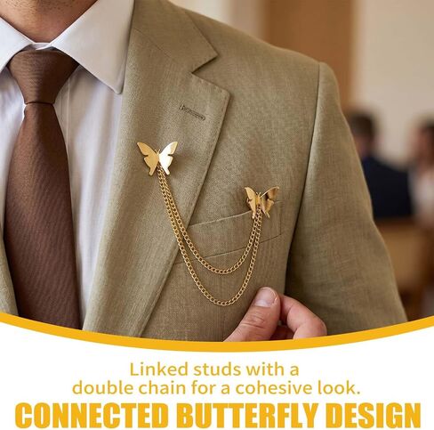 Butterfly Brooch, Gold-Hued Double Butterfly Chain Alloy Metal Fashionable Elegant Pin for Ladies Party Daily Wear in Saudi Arabia