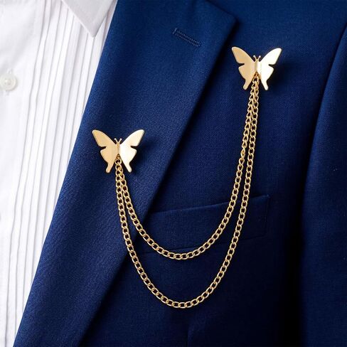 Butterfly Brooch, Gold-Hued Double Butterfly Chain Alloy Metal Fashionable Elegant Pin for Ladies Party Daily Wear in Saudi Arabia