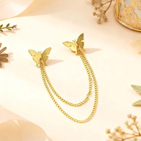 Butterfly Brooch, Gold-Hued Double Butterfly Chain Alloy Metal Fashionable Elegant Pin for Ladies Party Daily Wear in Saudi Arabia