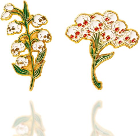 2 Pcs Lily of The Valley Skull Enamel Pin Set – Gothic Flower Skull Lapel Pins, Halloween Skeleton Bloom Brooch, Gift for Men Women in Saudi Arabia