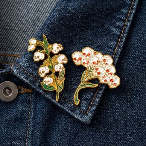 2 Pcs Lily of The Valley Skull Enamel Pin Set – Gothic Flower Skull Lapel Pins, Halloween Skeleton Bloom Brooch, Gift for Men Women in Saudi Arabia