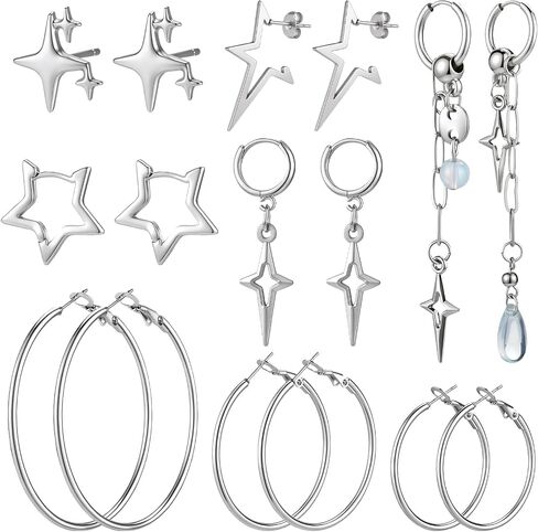 8 Pairs Hoop Earrings Set for Women Men Y2K Star Gothic Goth Punk Rock Silver Earrings Huggie Jewelry Gift for Girls in Saudi Arabia