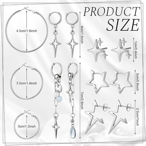 8 Pairs Hoop Earrings Set for Women Men Y2K Star Gothic Goth Punk Rock Silver Earrings Huggie Jewelry Gift for Girls in Saudi Arabia