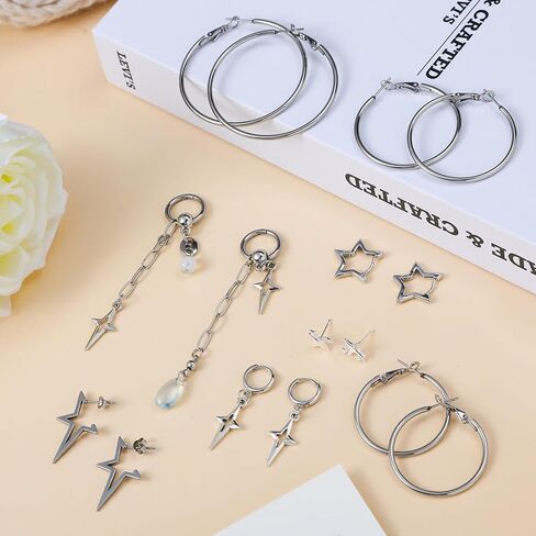 8 Pairs Hoop Earrings Set for Women Men Y2K Star Gothic Goth Punk Rock Silver Earrings Huggie Jewelry Gift for Girls in Saudi Arabia