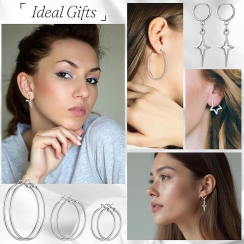 8 Pairs Hoop Earrings Set for Women Men Y2K Star Gothic Goth Punk Rock Silver Earrings Huggie Jewelry Gift for Girls in Saudi Arabia