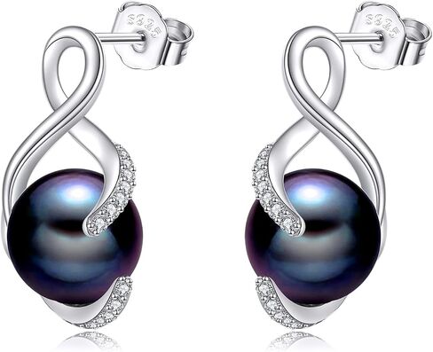 Sterling Silver 7-8MM Black Pearl Drop Earring Stud for Her, s925 Silver Black Tahitian Pearl Infinity Drop Earrings with Lab Created Diamond for Women Ladies Mothers Day Anniversary in Saudi Arabia