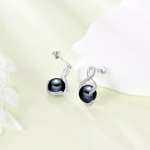 Sterling Silver 7-8MM Black Pearl Drop Earring Stud for Her, s925 Silver Black Tahitian Pearl Infinity Drop Earrings with Lab Created Diamond for Women Ladies Mothers Day Anniversary in Saudi Arabia