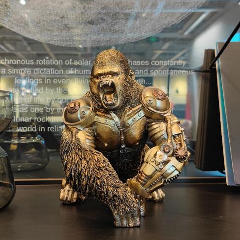GENUINQ Steampunk Angry Gorilla Statue Fighting King Kong Hand Painted Sculpture Resin Cyborg Sci-fi Collectible Figurine with Cool Gear for Home Table Book Shelf Man Cave Decor Gold in Saudi Arabia