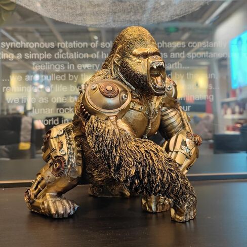 GENUINQ Steampunk Angry Gorilla Statue Fighting King Kong Hand Painted Sculpture Resin Cyborg Sci-fi Collectible Figurine with Cool Gear for Home Table Book Shelf Man Cave Decor Gold in Saudi Arabia