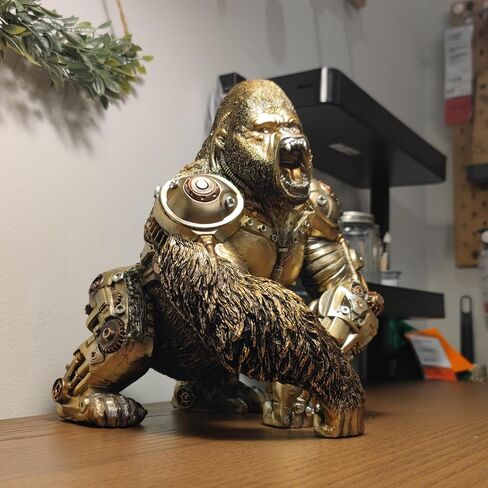 GENUINQ Steampunk Angry Gorilla Statue Fighting King Kong Hand Painted Sculpture Resin Cyborg Sci-fi Collectible Figurine with Cool Gear for Home Table Book Shelf Man Cave Decor Gold in Saudi Arabia