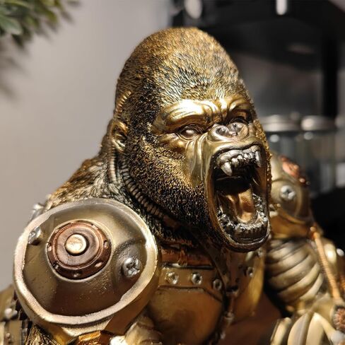 GENUINQ Steampunk Angry Gorilla Statue Fighting King Kong Hand Painted Sculpture Resin Cyborg Sci-fi Collectible Figurine with Cool Gear for Home Table Book Shelf Man Cave Decor Gold in Saudi Arabia
