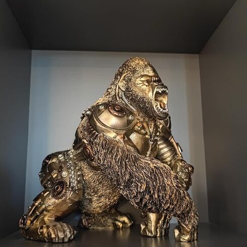 GENUINQ Steampunk Angry Gorilla Statue Fighting King Kong Hand Painted Sculpture Resin Cyborg Sci-fi Collectible Figurine with Cool Gear for Home Table Book Shelf Man Cave Decor Gold in Saudi Arabia