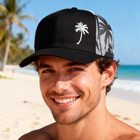 Palm Tree Trucker Hat for Men Women,Embroidered Adjustable Mesh Beach Surf Baseball Caps Snapback Black in Saudi Arabia