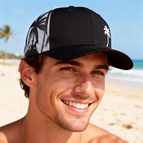 Palm Tree Trucker Hat for Men Women,Embroidered Adjustable Mesh Beach Surf Baseball Caps Snapback Black in Saudi Arabia