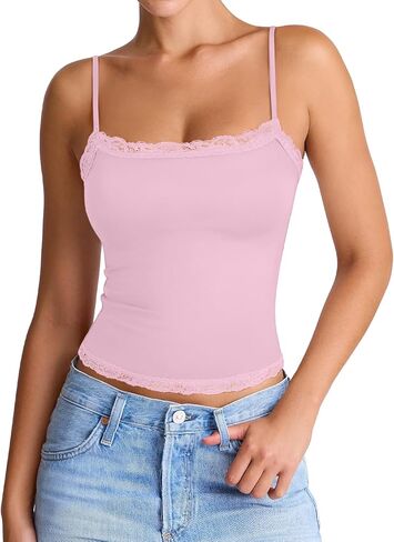 PINKMSTYLE Women's Sexy Square Neck Lace Cami Tank Tops Fitted Double Lined Sleeveless Crop Spaghetti Strap Summer Y2k Tops in Saudi Arabia