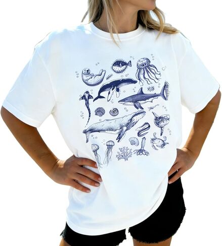 Women Teens Cute Oversized Graphic Tee Shirts Summer Y2k Short Sleeve Crewneck Ocean Seashell Baggy Tees Streetwear in Kuwait