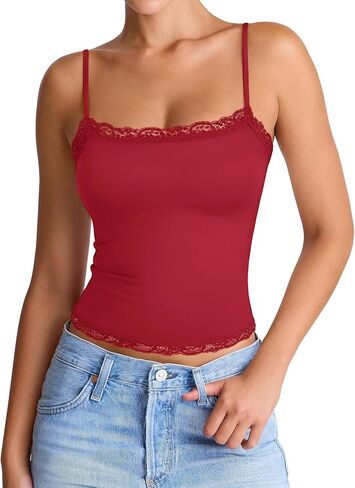 PINKMSTYLE Women's Sexy Square Neck Lace Cami Tank Tops Fitted Double Lined Sleeveless Crop Spaghetti Strap Summer Y2k Tops in Saudi Arabia