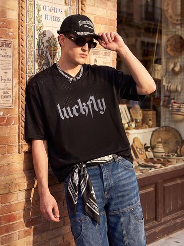 Men's Mesh Baggy Y2K Jersey T-Shirt, Couple Oversized V-Neck Sport Tee Front & Back Logo Print Casual Athletic Top in Kuwait