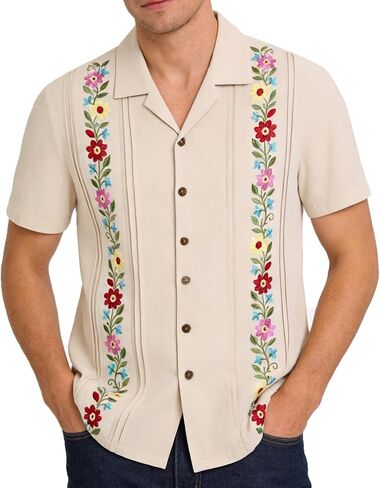 Men's Mexican Shirt, Guayabera Dress Shirts Embroidered Floral Short Sleeve Button Down Shirt in Saudi Arabia