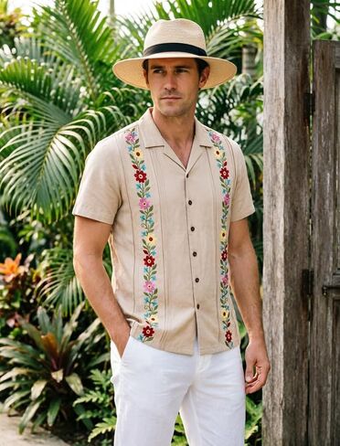 قميص مكسيكي للرجال، قمصان Guayabera الرسمية مطرزة بالزهور وأكمام قصيرة وأزرار سفلية in Kuwait