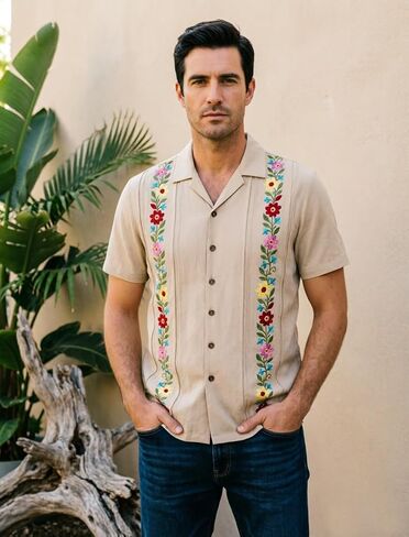 قميص مكسيكي للرجال، قمصان Guayabera الرسمية مطرزة بالزهور وأكمام قصيرة وأزرار سفلية in Kuwait